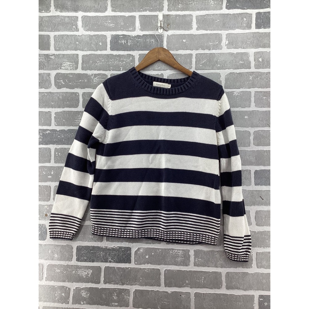 Marco Pecci Womens Navy Blue White Striped Cotton Knit Sweater Crew Neck Size M